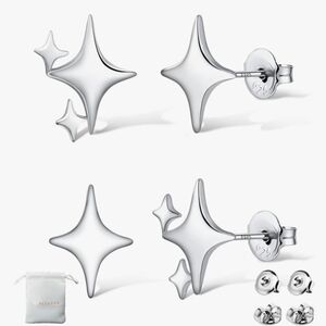 2 Pairs Of Starburst Sterling Silver Stud Earrings - Shiny Silver Stars